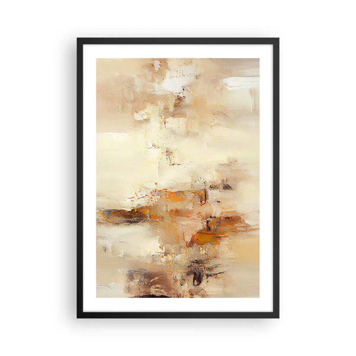 Pôster com moldura preta - Uma composição abstrata em tons quentes de bege e dourado. - 50x70cm - Alma de âmbar - Decoração de parede moderna para a sala de estar e quarto ARTTOR