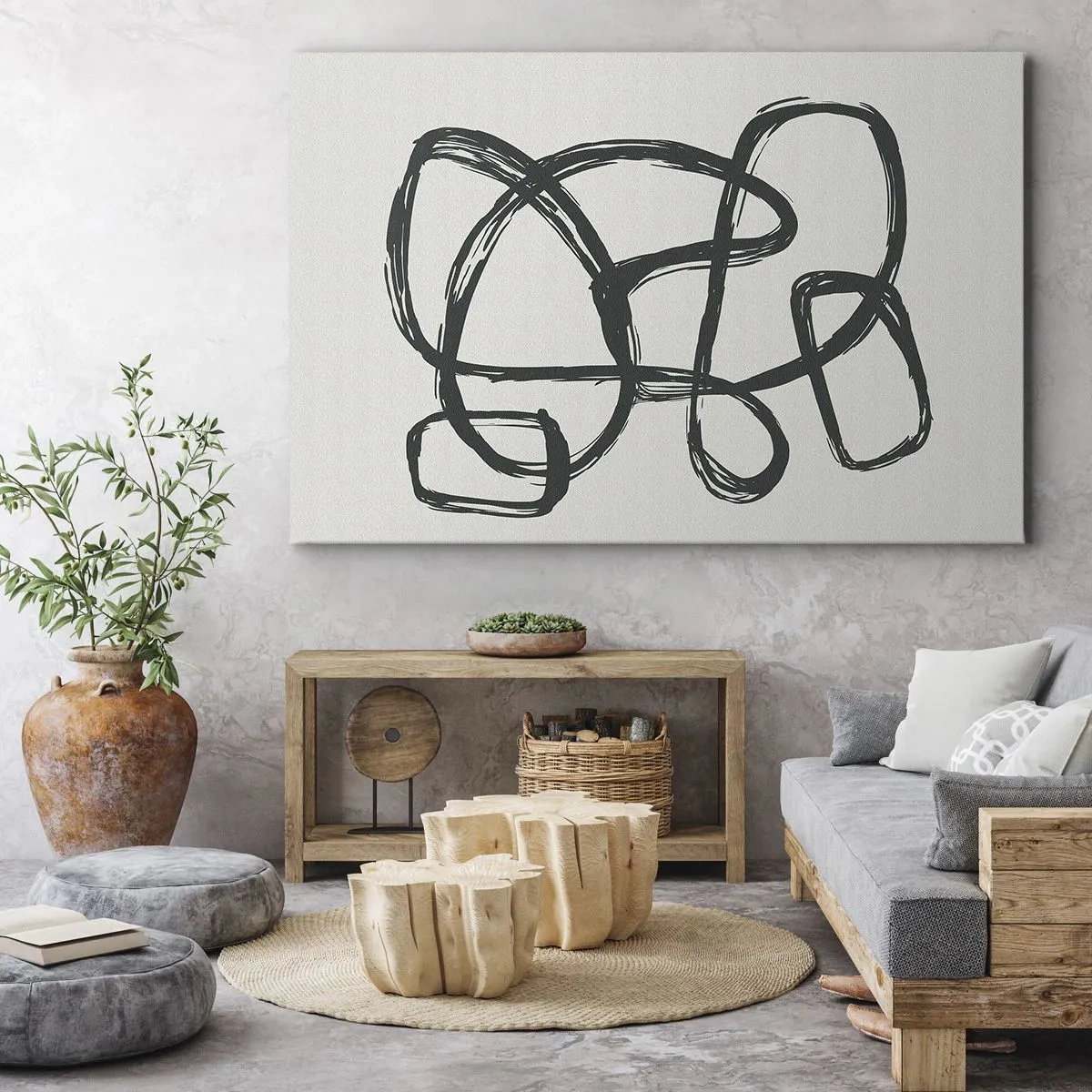 Quadro em tela - Linhas abstratas criando formas livres em um fundo claro - 70x50cm - Abstração em loop - Decoração de parede moderna para a sala de estar e quarto ARTTOR