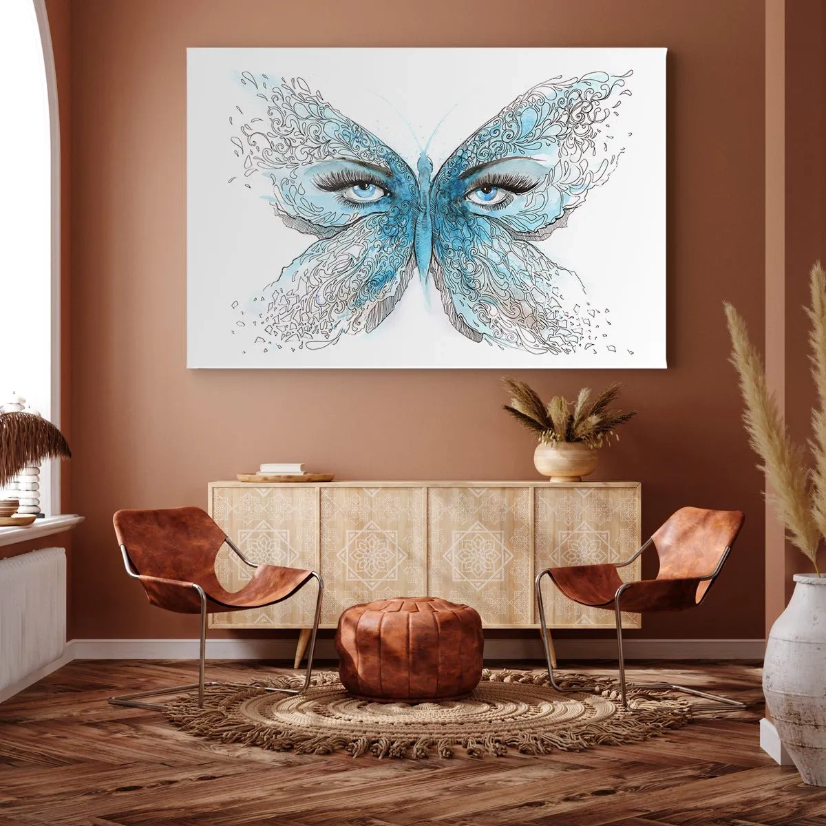 Quadro em tela - Aquarela artística de uma borboleta com olhos azuis - 70x50cm - Borboleta eros - Decoração de parede moderna para a sala de estar e quarto ARTTOR