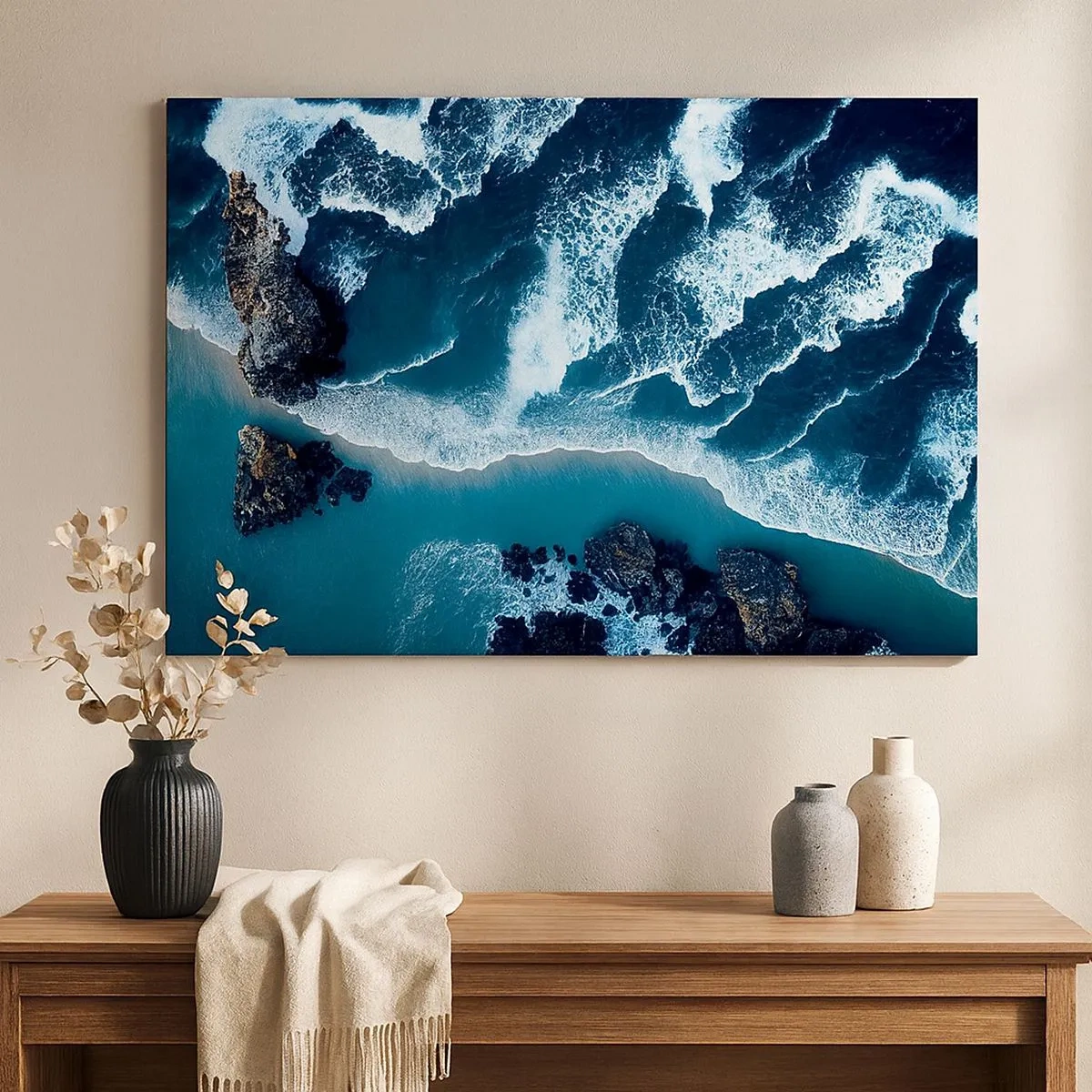Quadro em tela - Vista aérea de ondas quebrando na costa - 70x50cm - Envolto em ondas - Decoração de parede moderna para a sala de estar e quarto ARTTOR