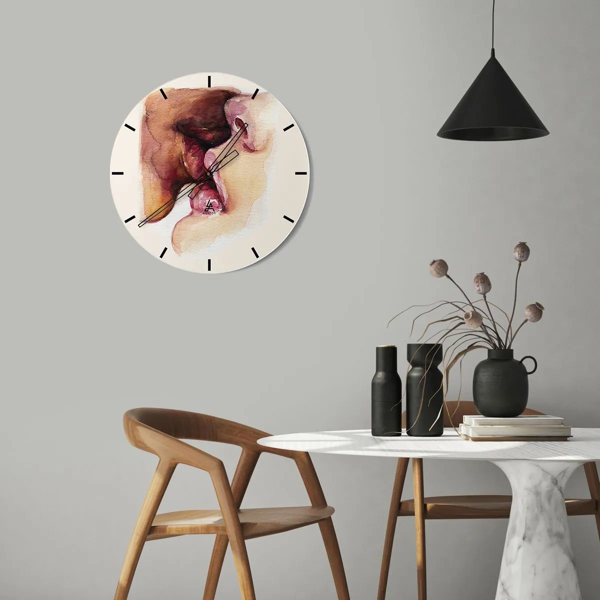 Relógio de parede - Relógio em vidro - Um beijo de dois rostos em estilo aquarela - 30x30cm - Como a noite e o dia, a terra e o céu - Decoração de parede moderna para a sala de estar, cozinha e quarto ARTTOR