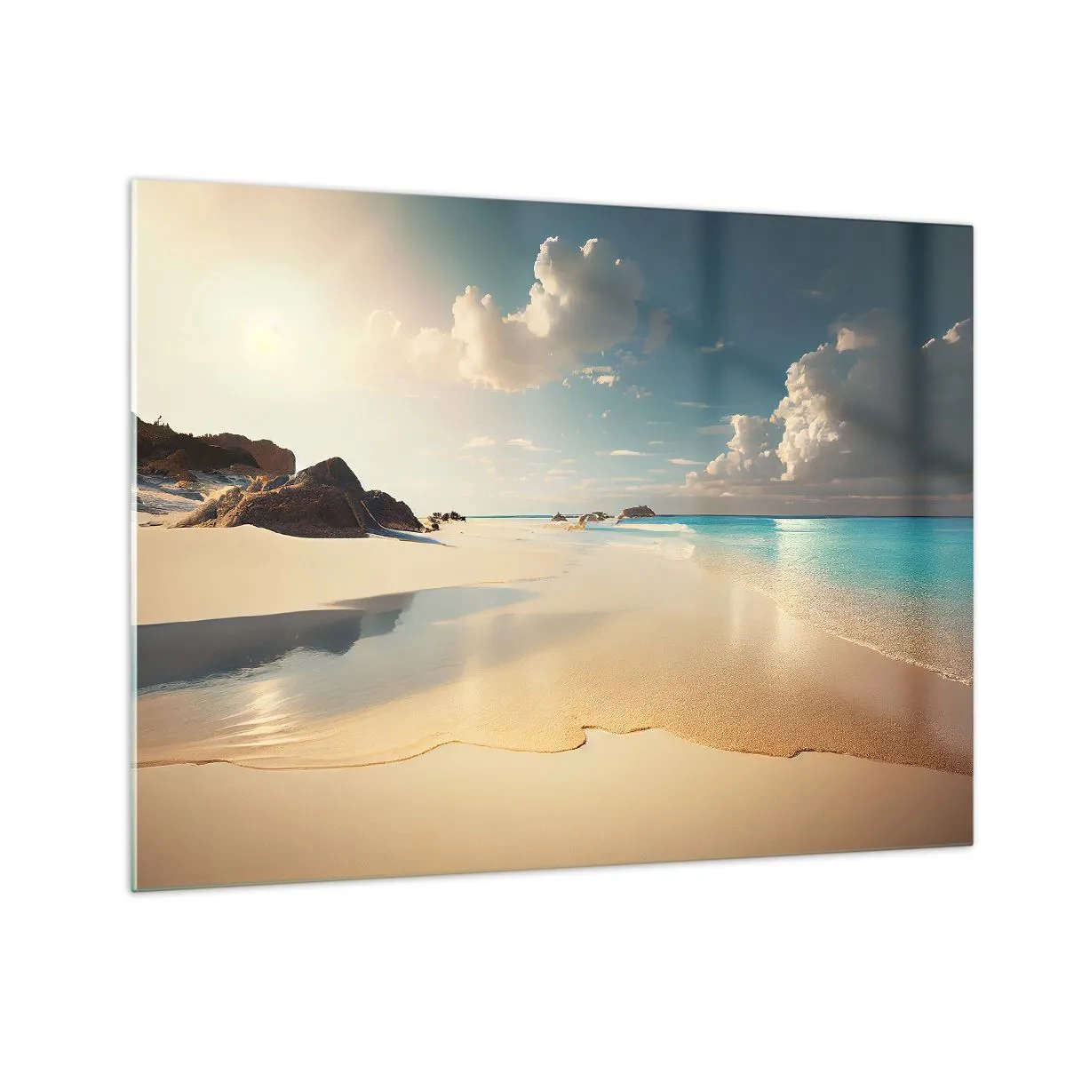 Quadro em vidro - Praia dourada e mar turquesa à luz do sol da manhã - 70x50cm - Um dia de sonho - Decoração de parede moderna para a sala de estar e quarto ARTTOR