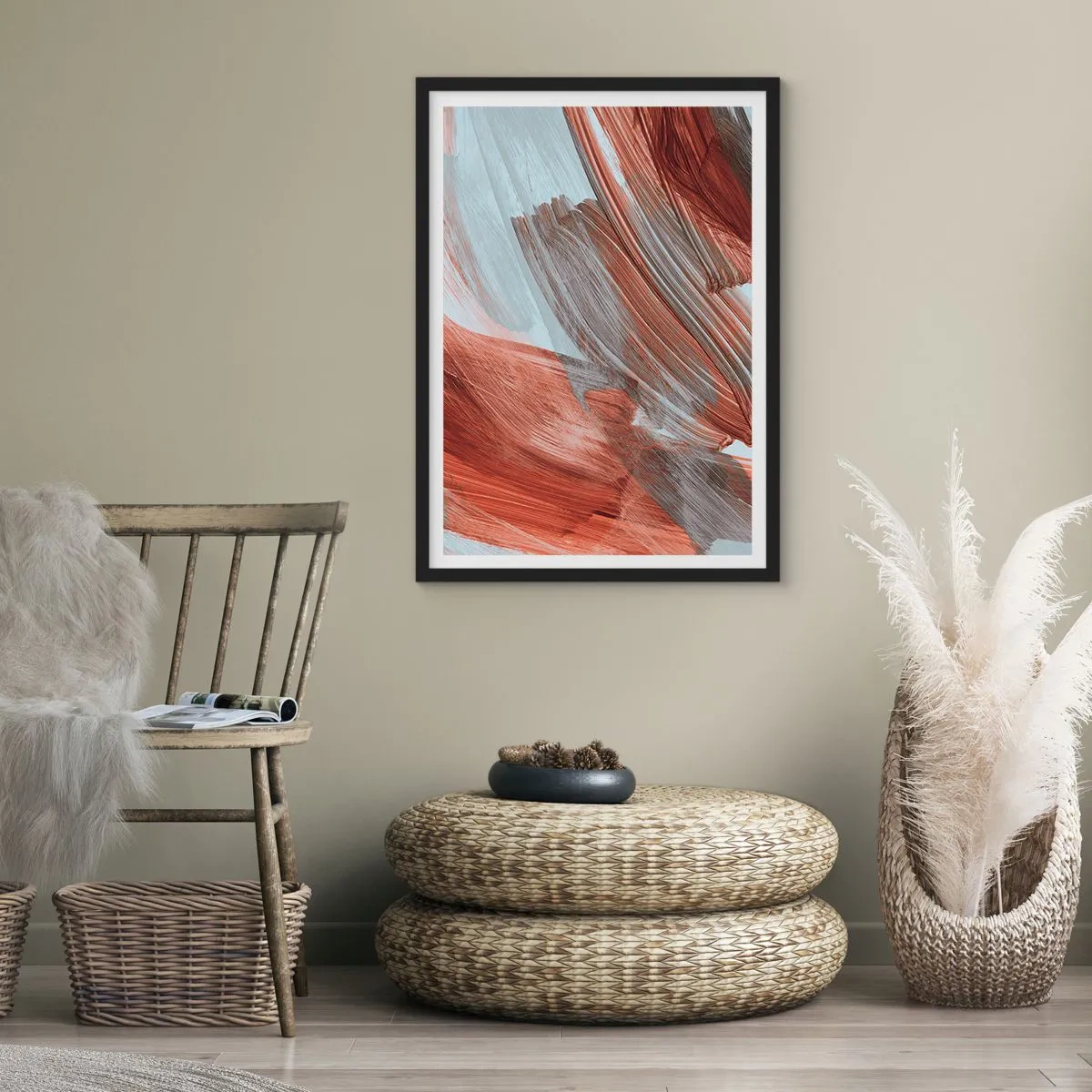 Pôster com moldura preta - Pinceladas dinâmicas em tons quentes - 50x70cm - Abstração de outono e vento - Decoração de parede moderna para a sala de estar e quarto ARTTOR