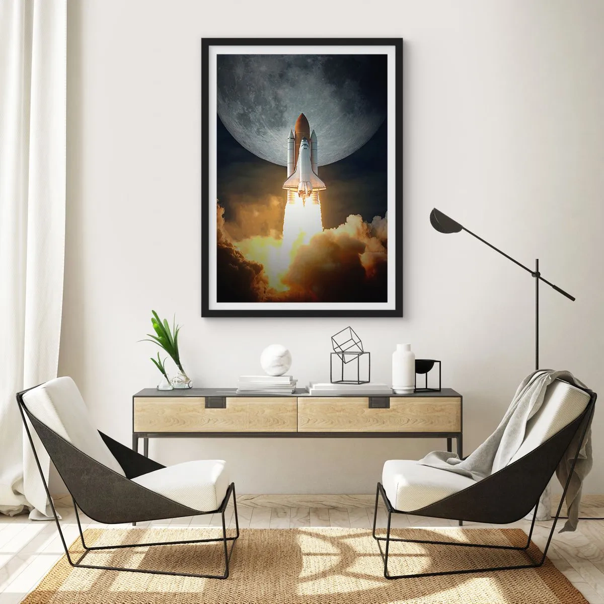 Pôster com moldura preta - Lançamento do ônibus espacial com a Lua ao fundo - 50x70cm - O início de uma aventura sobrenatural - Decoração de parede moderna para a sala de estar e quarto ARTTOR