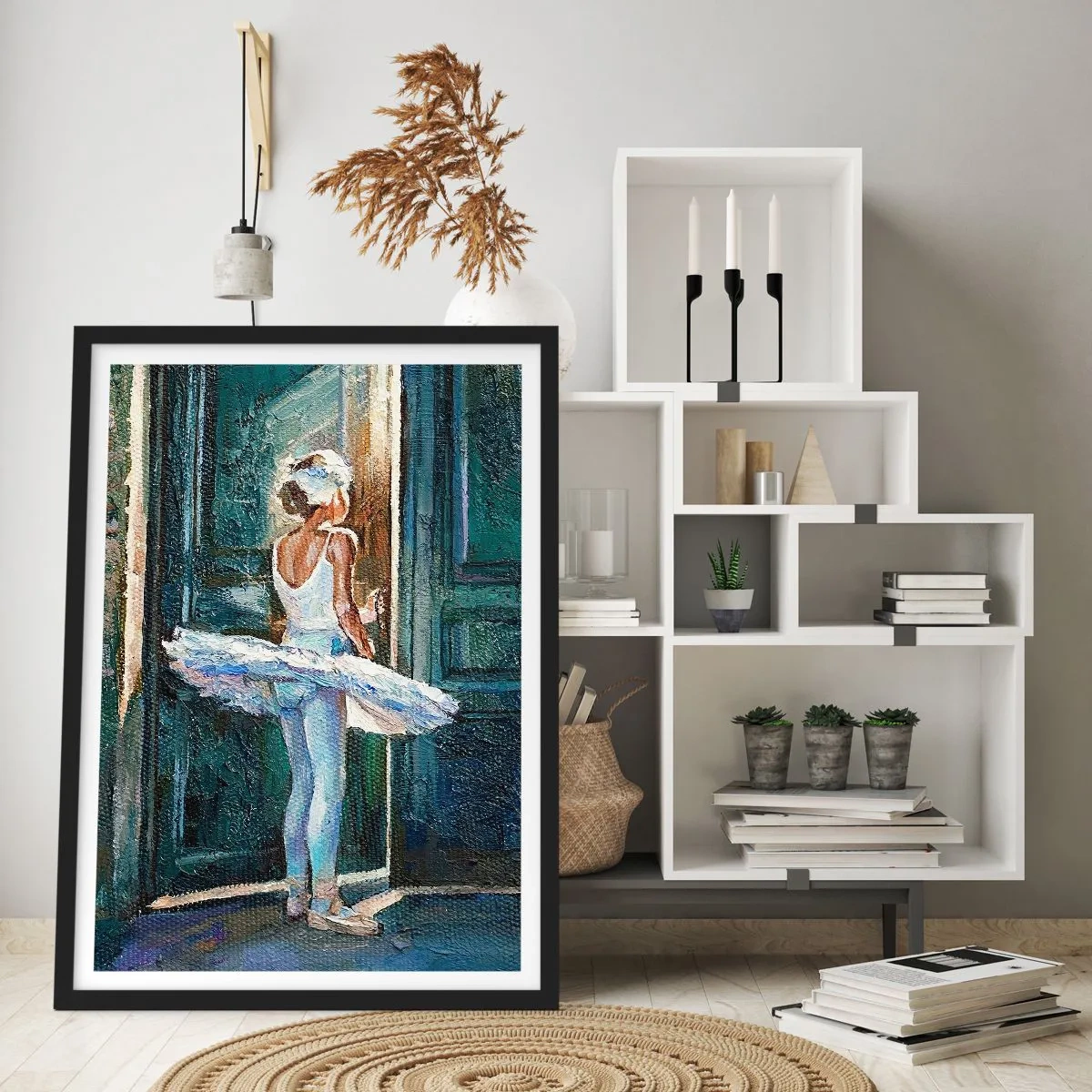 Pôster com moldura preta - Bailarina à luz de uma porta em estilo impressionista - 50x70cm - Antes do show - Decoração de parede moderna para a sala de estar e quarto ARTTOR