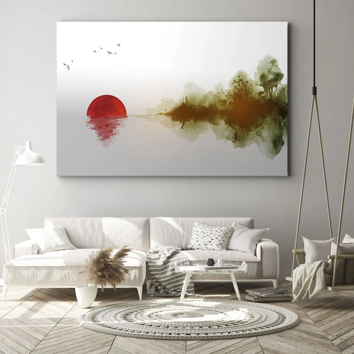 Quadro em tela - Pôr do sol abstrato sobre um lago com reflexo - 70x50cm - Uma promessa de paz - Decoração de parede moderna para a sala de estar e quarto ARTTOR