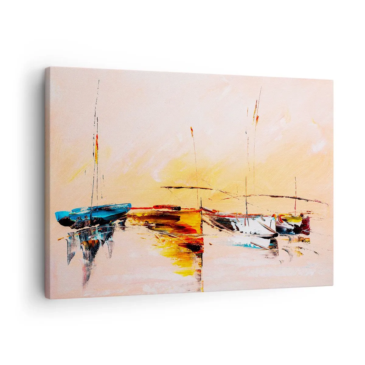 Quadro em tela - Barcos coloridos em águas calmas ao pôr do sol - 70x50cm - Noite na marina - Decoração de parede moderna para a sala de estar e quarto ARTTOR