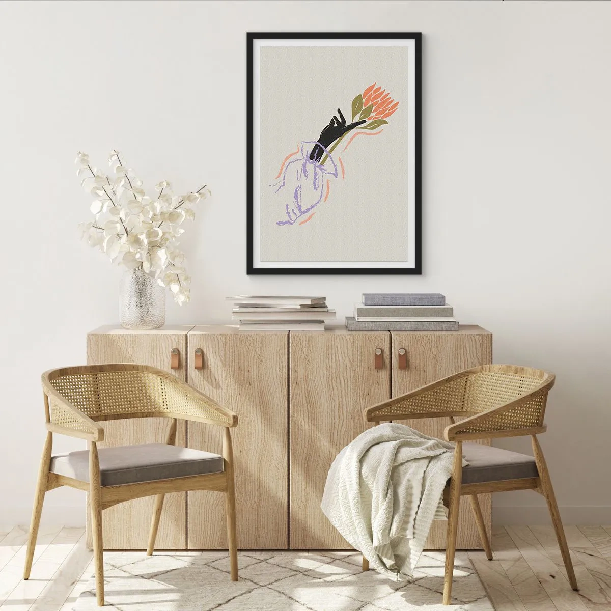 Pôster com moldura preta - Desenho abstrato de uma mão segurando um buquê de flores - 50x70cm - Toque fraterno - Decoração de parede moderna para a sala de estar e quarto ARTTOR