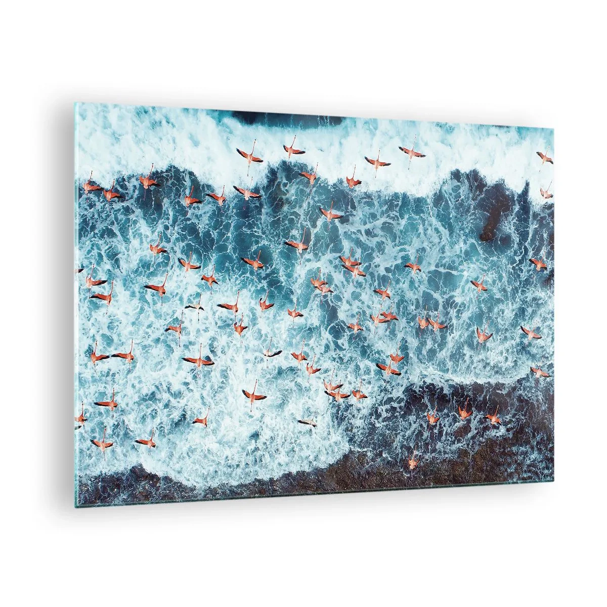 Quadro em vidro - Flamingos cor-de-rosa acima das ondas agitadas do oceano - 70x50cm - Desfile à beira-mar - Decoração de parede moderna para a sala de estar e quarto ARTTOR