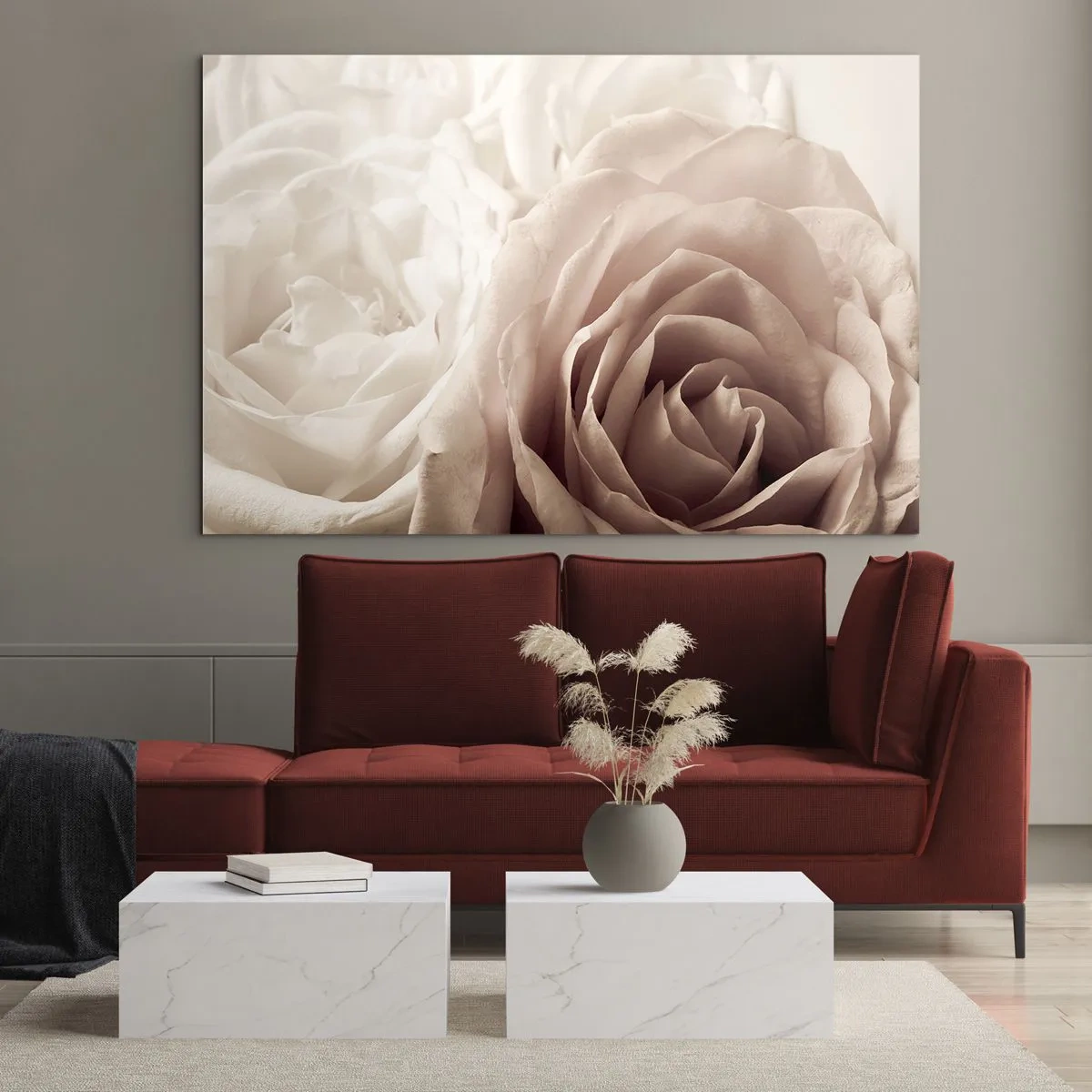 Quadro em vidro - Rosas delicadas e claras em um close romântico - 70x50cm - No coração de uma rosa - Decoração de parede moderna para a sala de estar e quarto ARTTOR