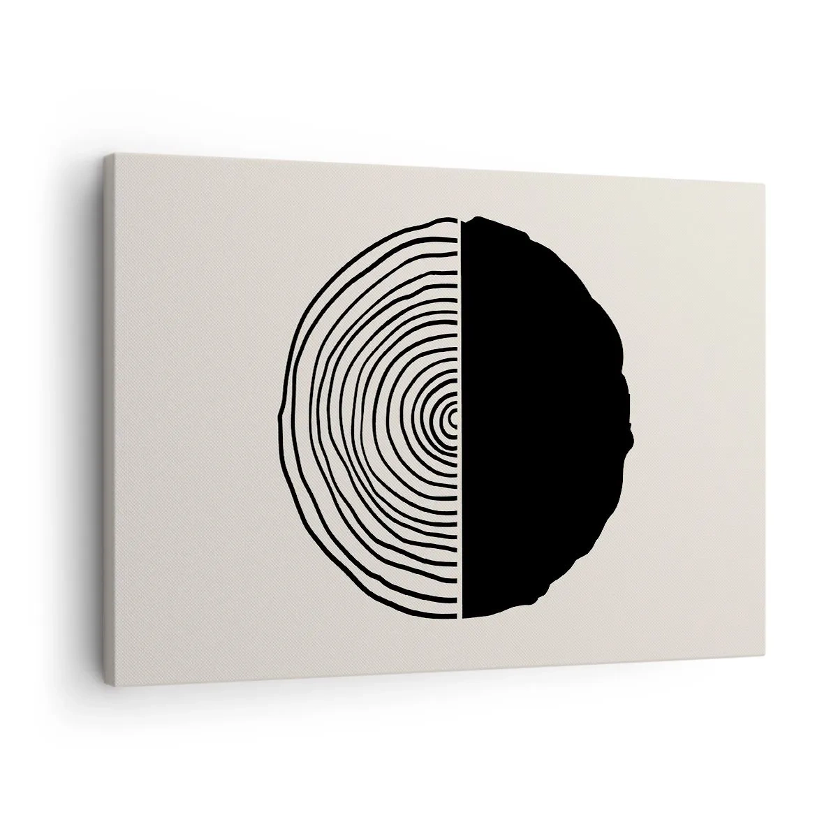 Quadro em tela - Um motivo abstrato em preto e branco inspirado em uma seção transversal de madeira com uma divisão geométrica. - 70x50cm - Meio a meio - Decoração de parede moderna para a sala de estar e quarto ARTTOR