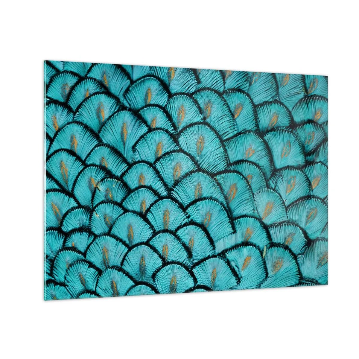 Quadro em vidro - Um close de penas de pavão turquesa formando um padrão decorativo. - 70x50cm - A grande gala de penas - Decoração de parede moderna para a sala de estar e quarto ARTTOR