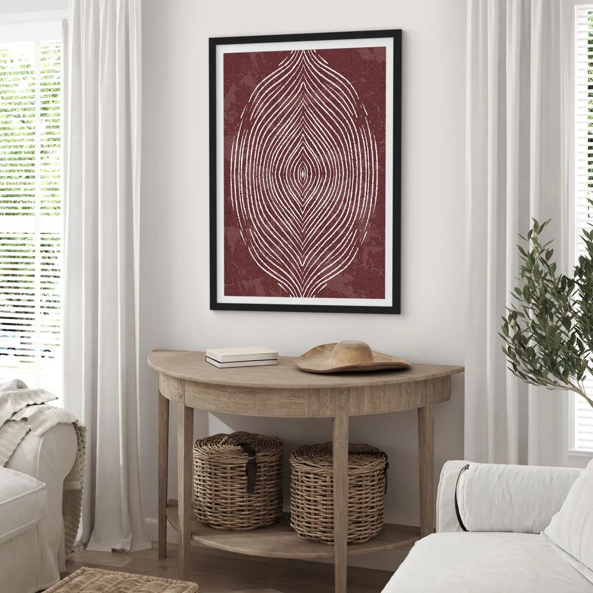 Pôster com moldura preta - Um padrão hipnótico de linhas brancas em um fundo marrom. - 50x70cm - O espaço fala - Decoração de parede moderna para a sala de estar e quarto ARTTOR