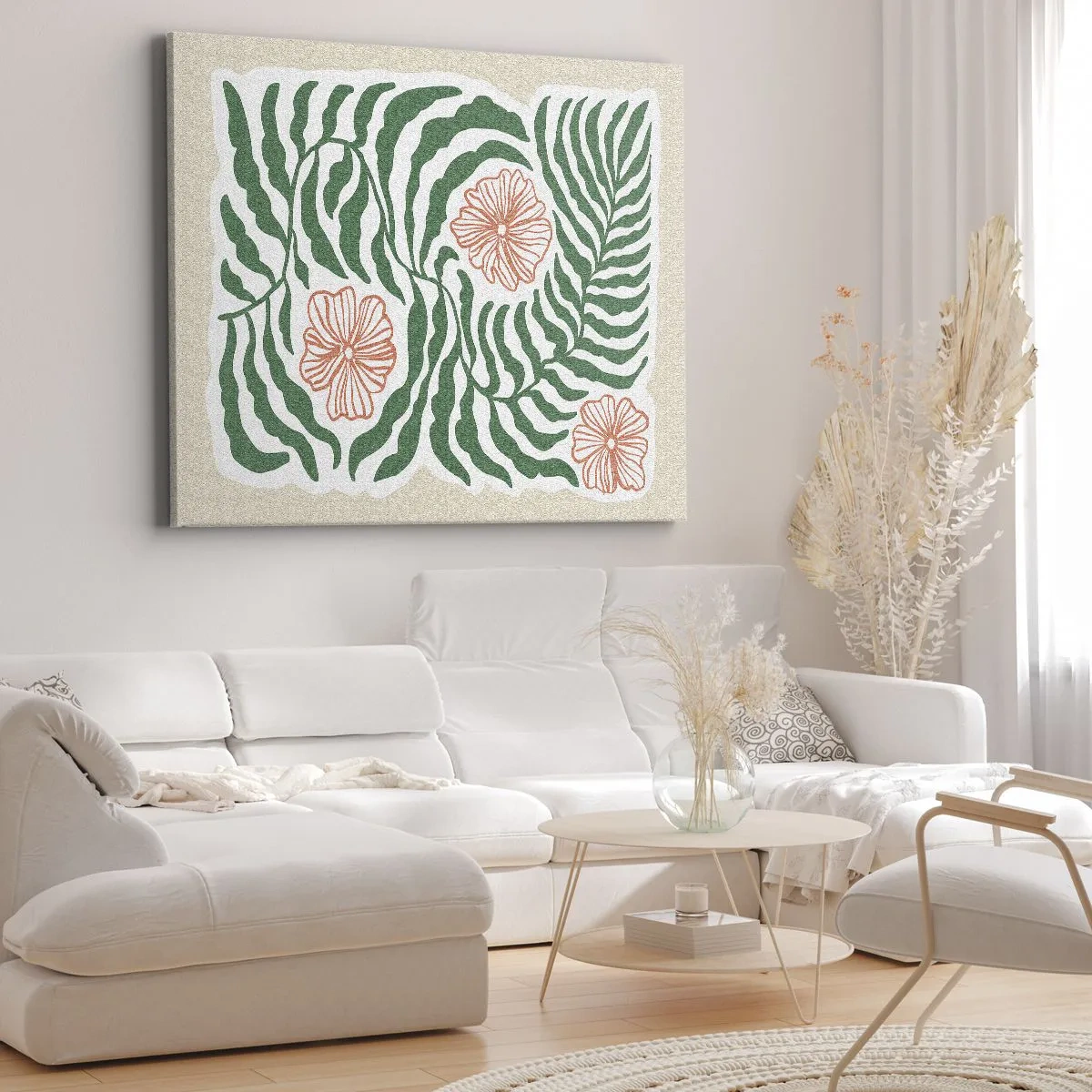 Quadro em tela - Um motivo minimalista de folhas verdes com flores em tons de laranja. - 70x50cm - Florescendo em verde - Decoração de parede moderna para a sala de estar e quarto ARTTOR