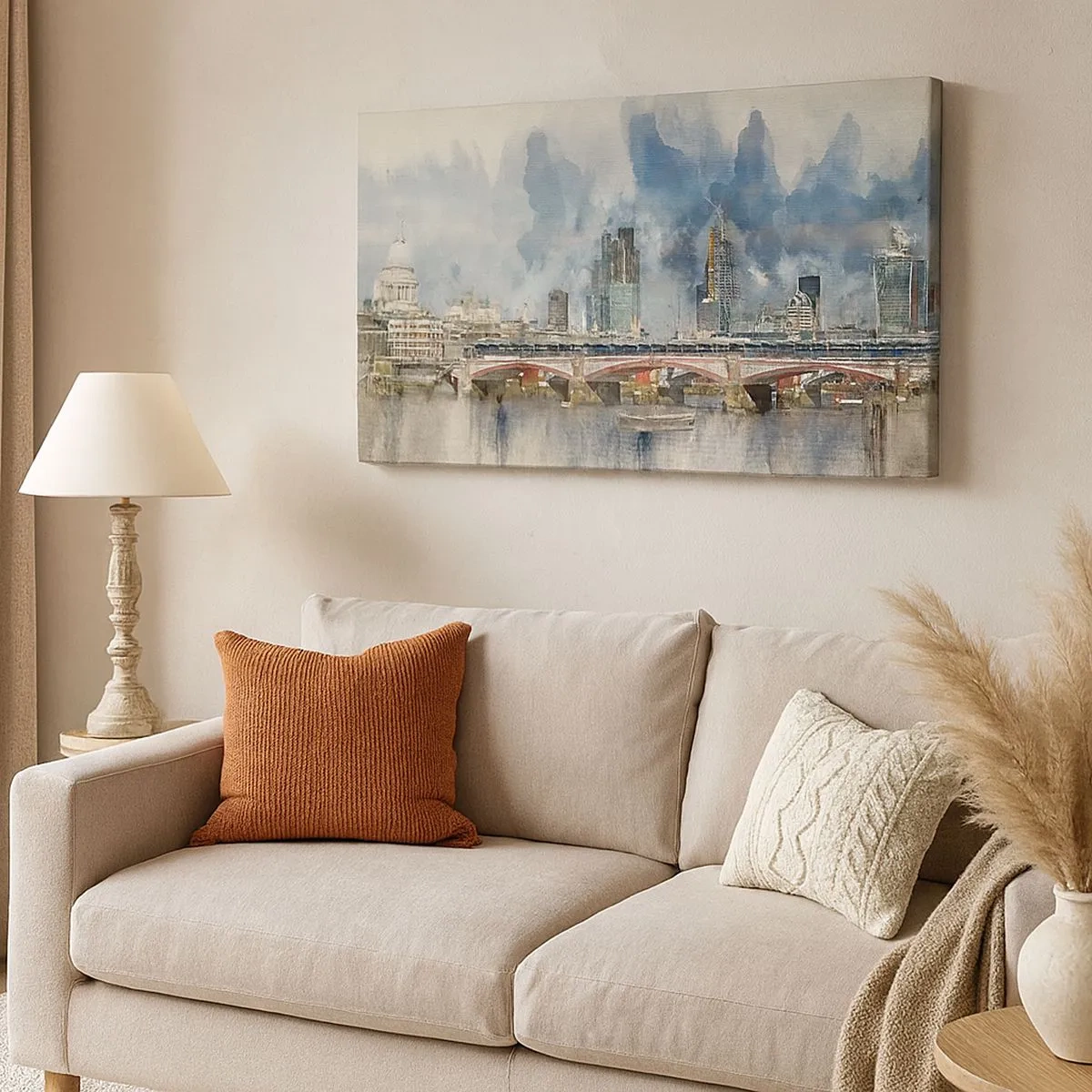 Quadro em tela - Vista em aquarela da ponte e do horizonte da cidade - 70x50cm - Londres em toda a sua glória - Decoração de parede moderna para a sala de estar e quarto ARTTOR