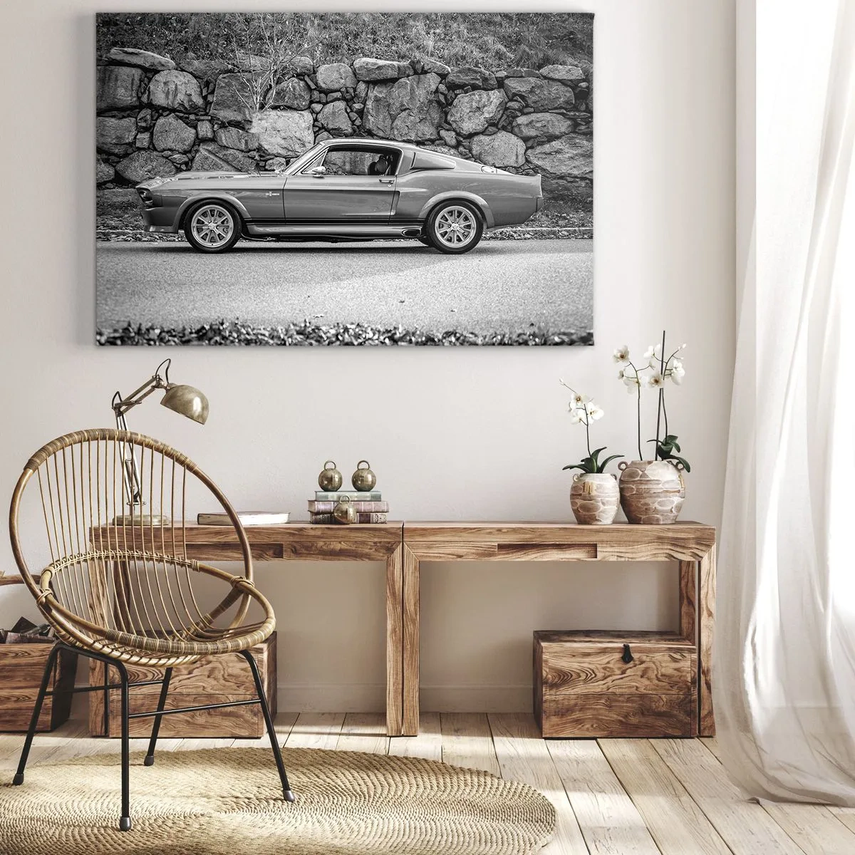 Quadro em tela - Foto em preto e branco de um carro clássico - 70x50cm - Lenda dos anos 60 - Decoração de parede moderna para a sala de estar e quarto ARTTOR