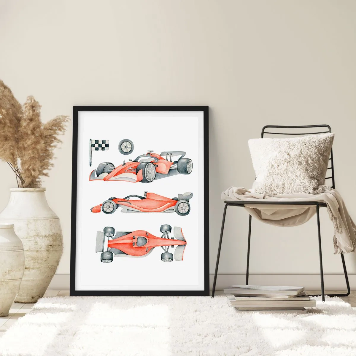 Pôster com moldura preta - Ilustração em aquarela de um carro de corrida - 50x70cm - Persiga seu sonho - Decoração de parede moderna para a sala de estar e quarto ARTTOR