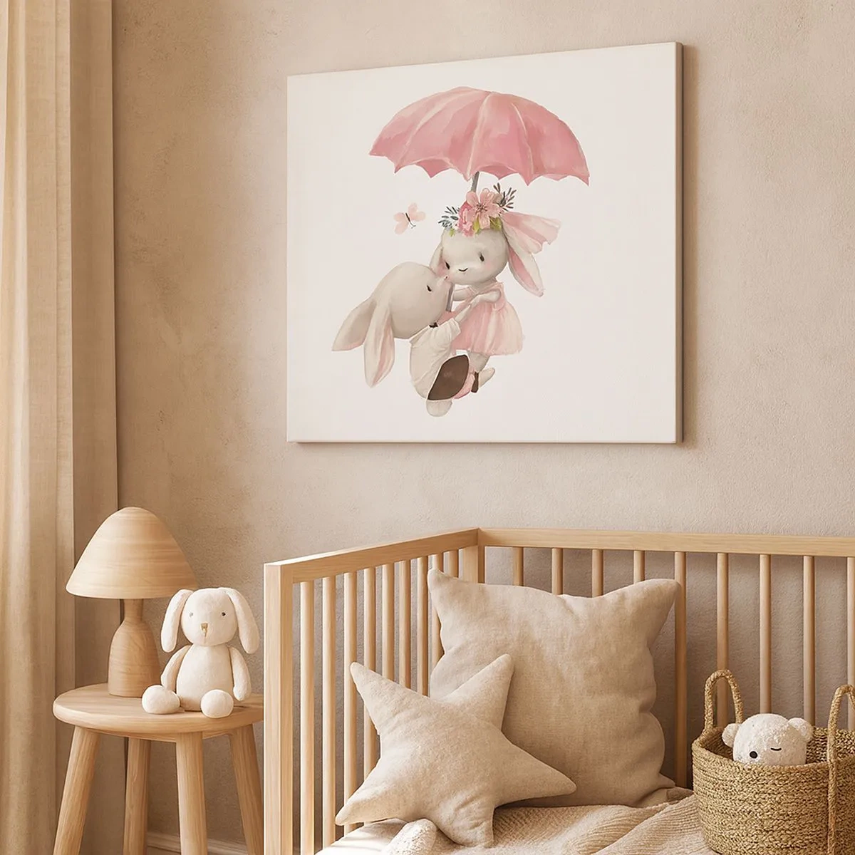 Quadro em tela - Coelhinhos fofos sob um guarda-chuva rosa - 70x50cm - Isso é amor - Decoração de parede moderna para a sala de estar e quarto ARTTOR