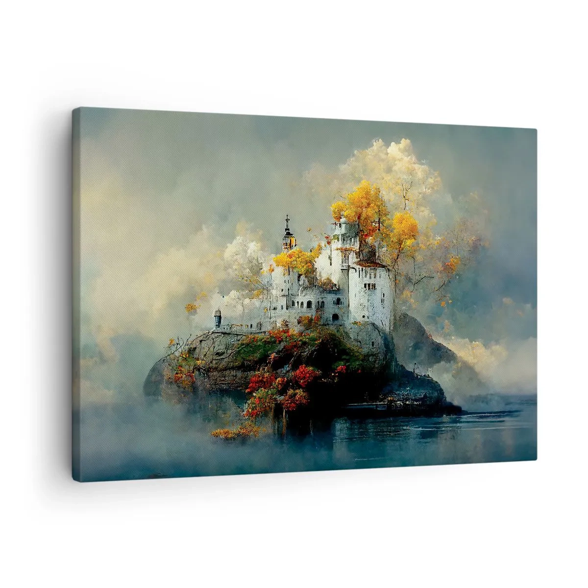 Quadro em tela - Um castelo em uma colina cercado por árvores de outono - 70x50cm - O começo de uma história romântica - Decoração de parede moderna para a sala de estar e quarto ARTTOR