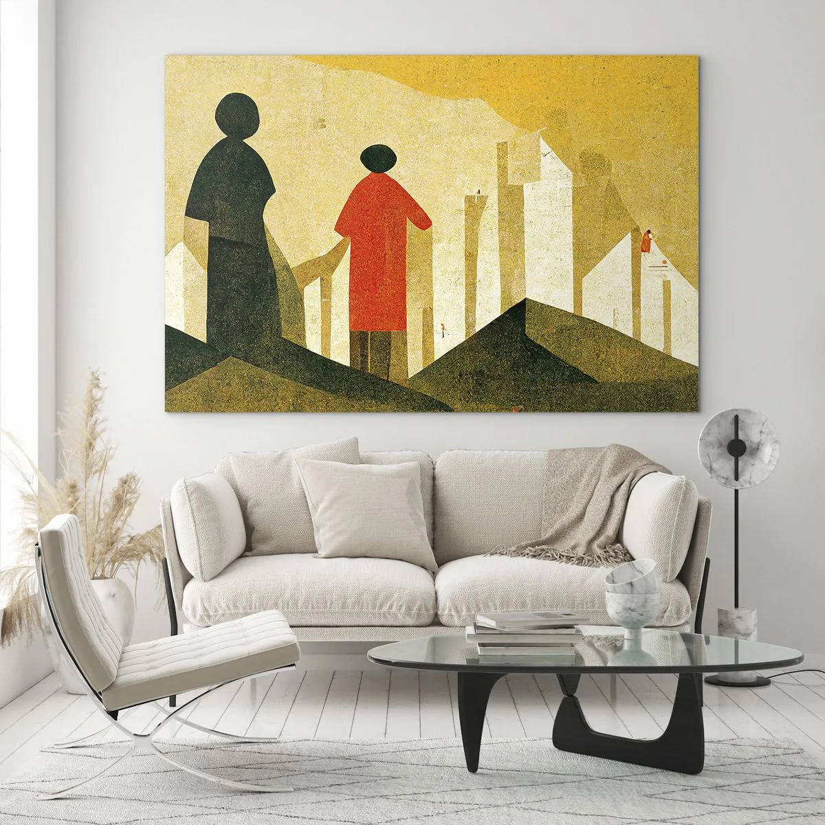 Quadro em vidro - Silhuetas geométricas de figuras entre formas altas contra o fundo de um céu amarelo - 70x50cm - Ainda há um longo caminho a percorrer - Decoração de parede moderna para a sala de estar e quarto ARTTOR