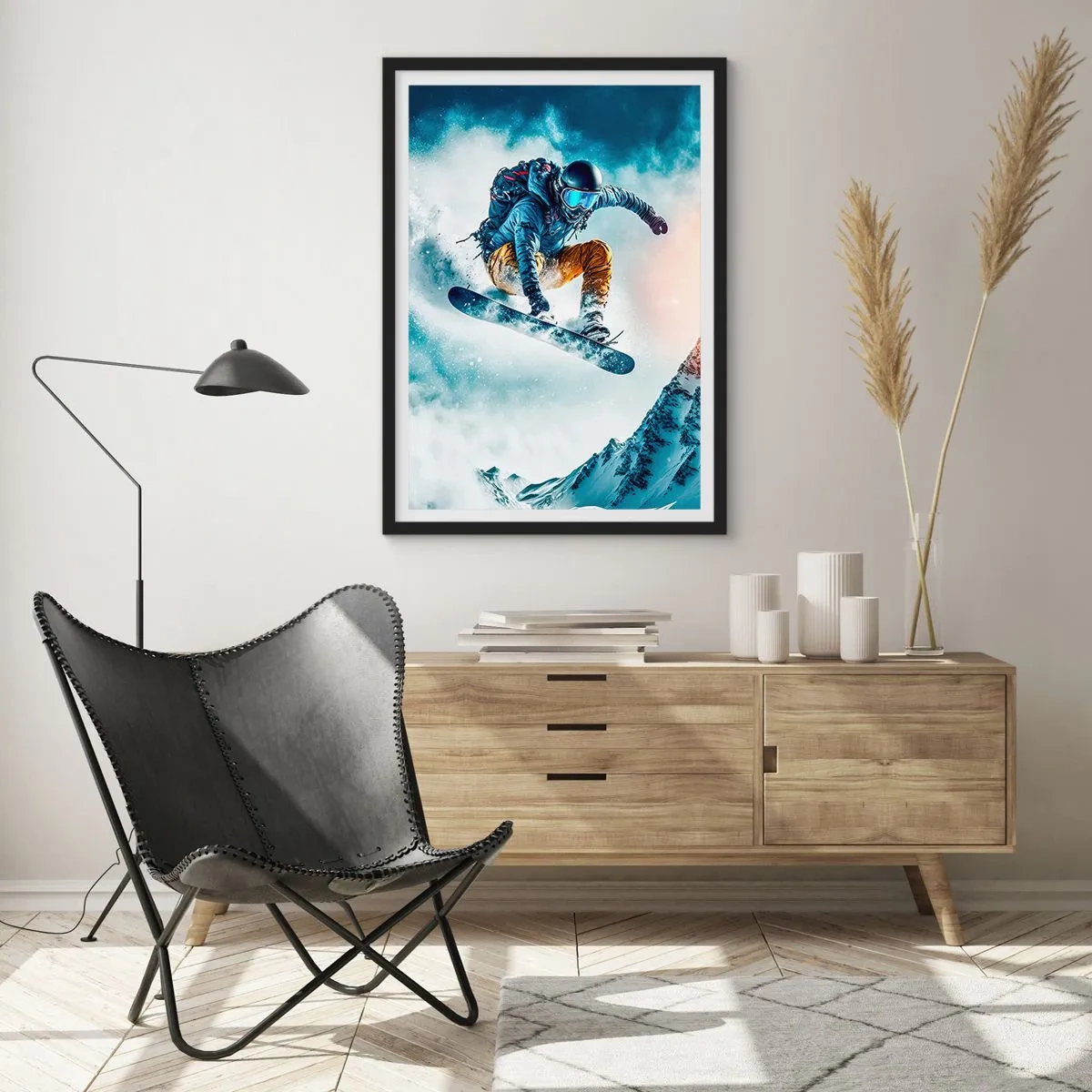 Pôster com moldura preta - Um snowboarder voa sobre o pico de uma montanha coberta de neve - 50x70cm - Emoções extremas - Decoração de parede moderna para a sala de estar e quarto ARTTOR