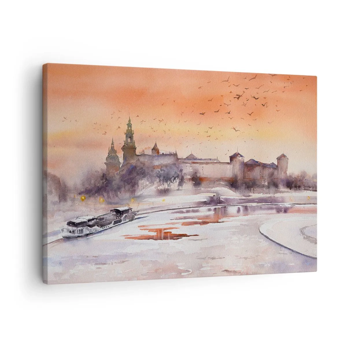 Quadro em tela - Pôr do sol sobre o castelo em um cenário de inverno - 70x50cm - Pôr do sol real - Decoração de parede moderna para a sala de estar e quarto ARTTOR