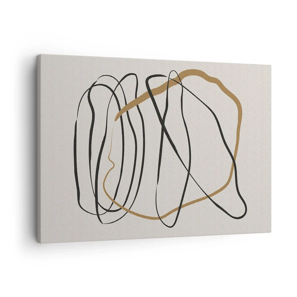 Quadro em tela - Linhas artísticas em preto e dourado sobre fundo claro - 70x50cm - Composição – dança em loop - Decoração de parede moderna para a sala de estar e quarto ARTTOR