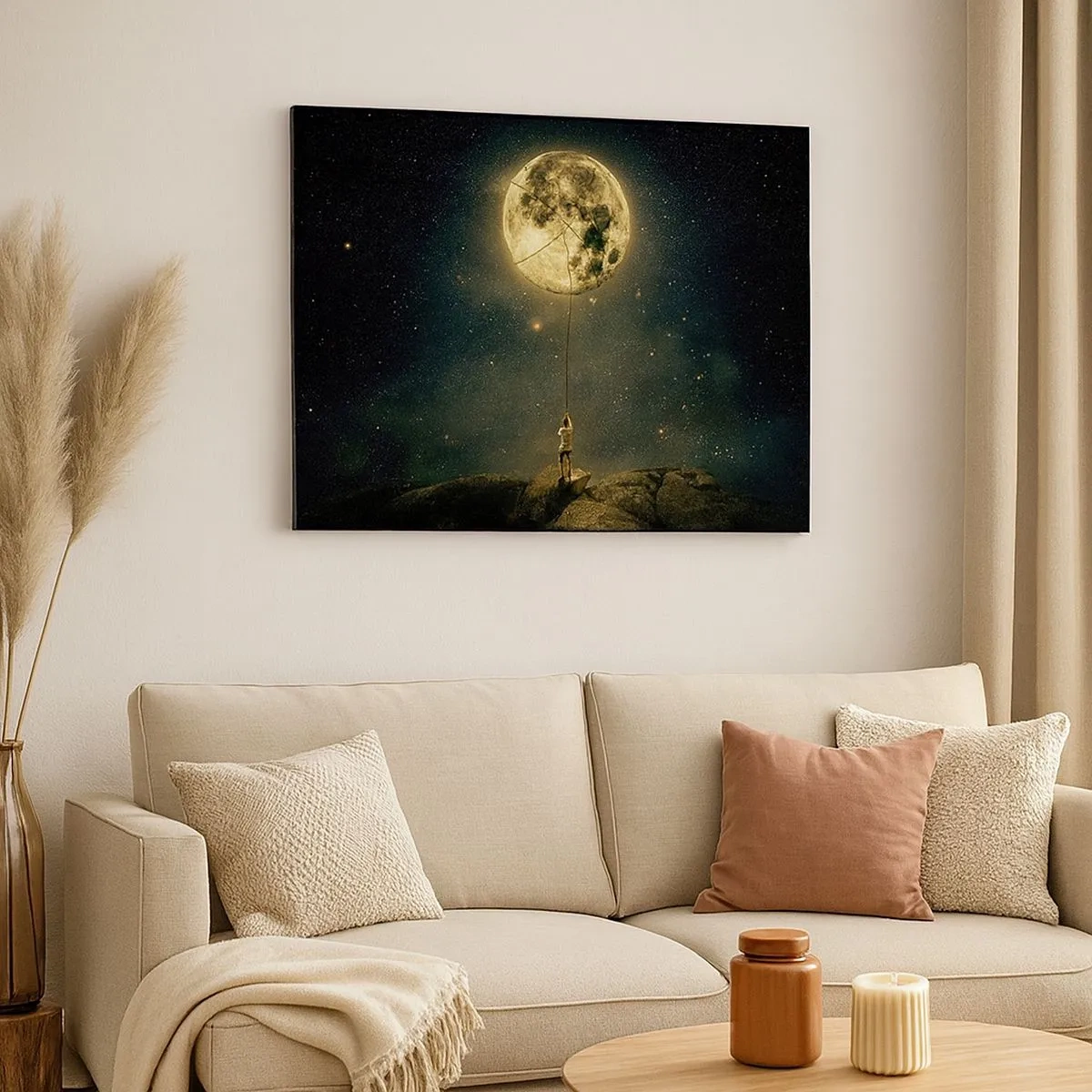 Quadro em tela - Homem com a Lua contra o céu estrelado - 70x50cm - Aquele que roubou a lua - Decoração de parede moderna para a sala de estar e quarto ARTTOR