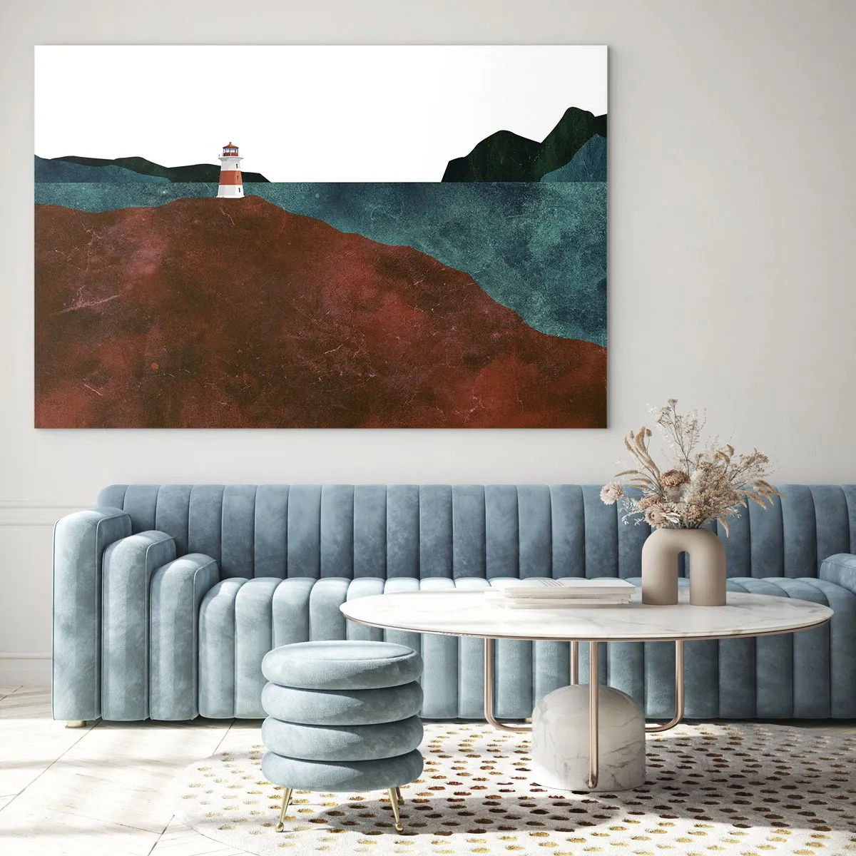 Quadro em vidro - Um farol com um mar azul-turquesa e falésias vermelhas como pano de fundo - 70x50cm - Olhando para o mar - Decoração de parede moderna para a sala de estar e quarto ARTTOR