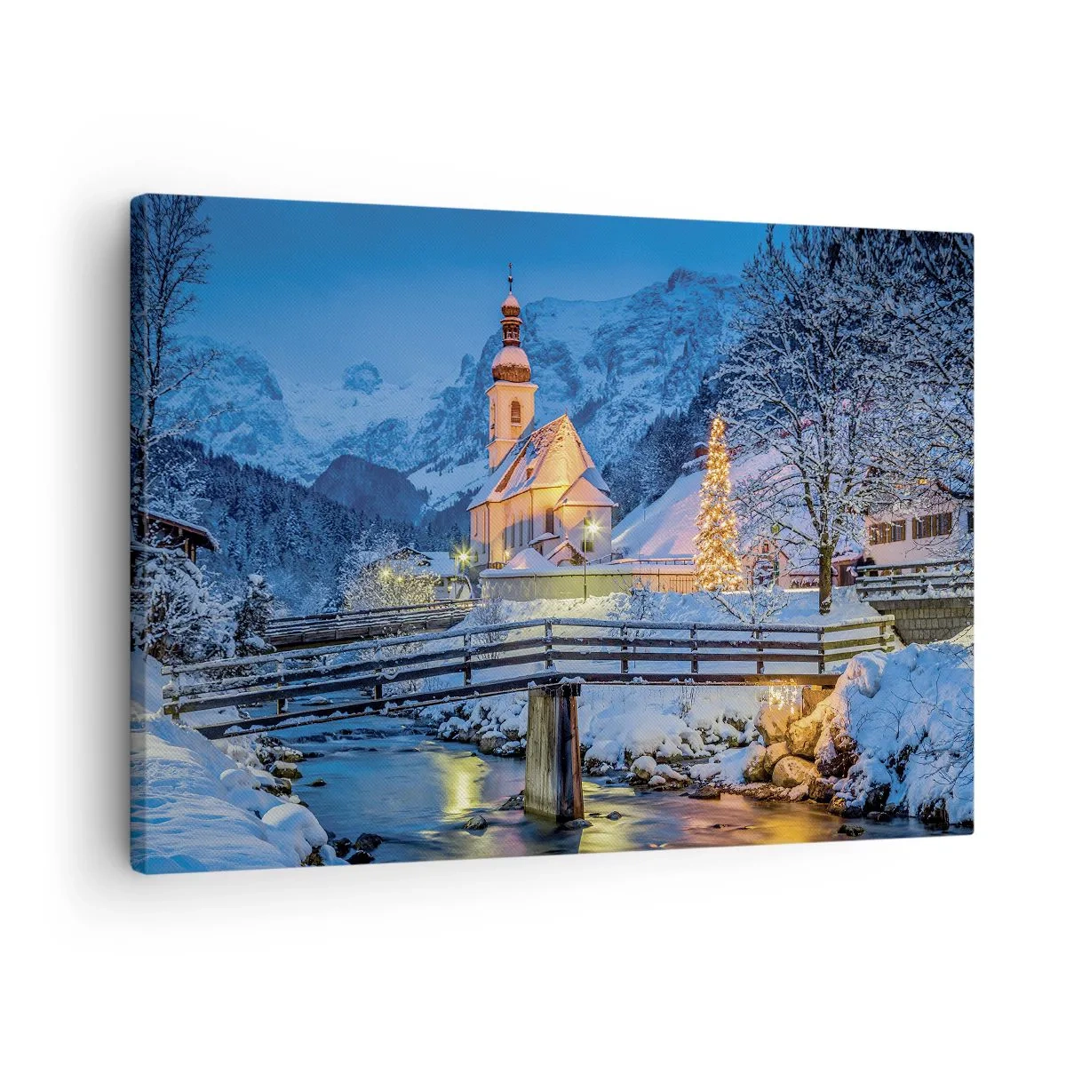 Quadro em tela - Paisagem de inverno com igreja, ponte e montanhas ao entardecer - 70x50cm - O Espírito do Natal - Decoração de parede moderna para a sala de estar e quarto ARTTOR