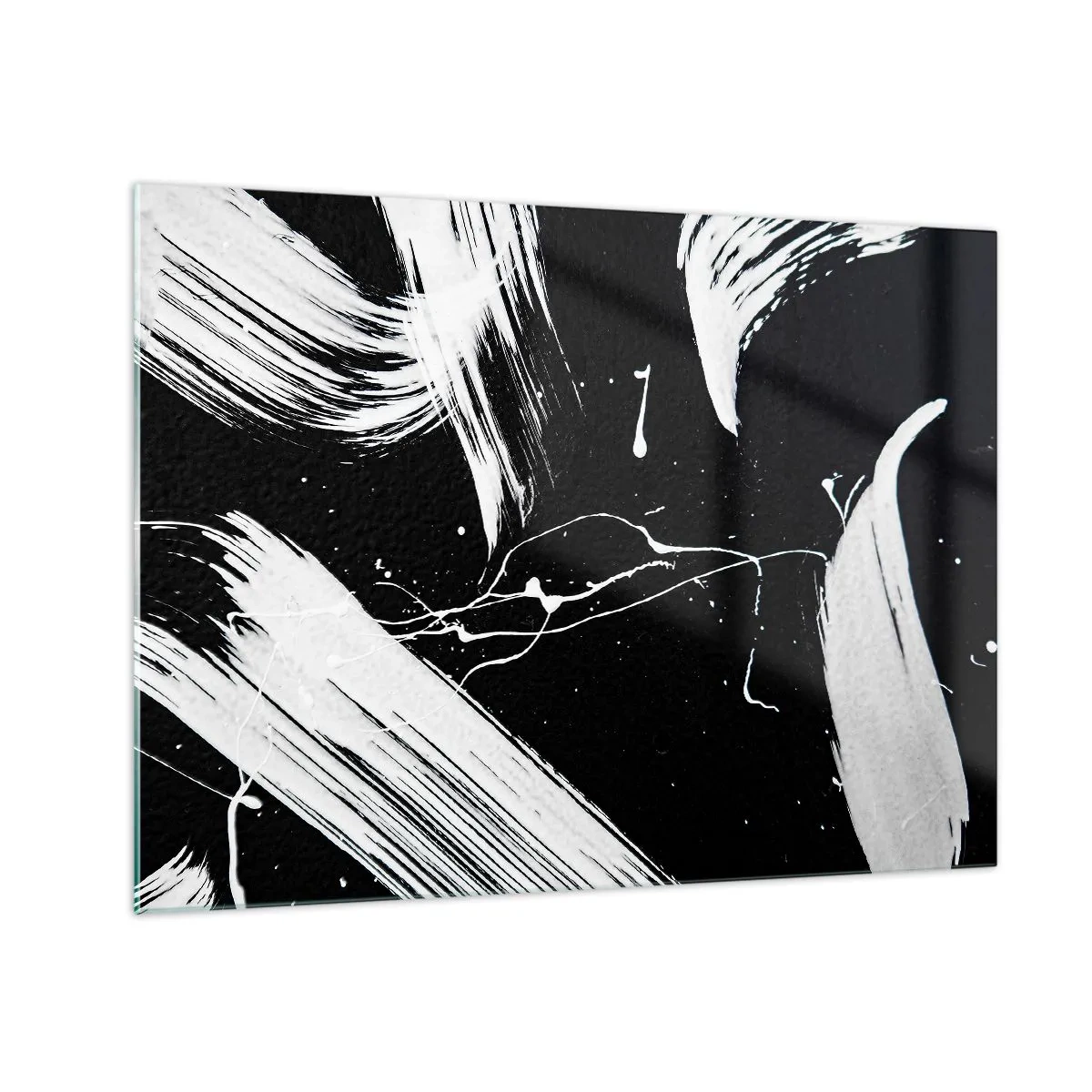 Quadro em vidro - Pinceladas brancas sobre fundo preto - 70x50cm - Quebrar a escuridão - Decoração de parede moderna para a sala de estar e quarto ARTTOR