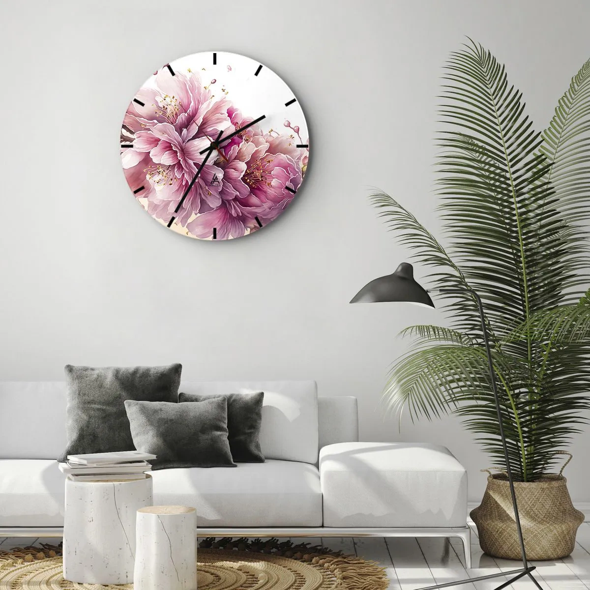 Relógio de parede - Relógio em vidro - Flores de cerejeira rosa florescendo em um fundo branco em um estilo artístico - 30x30cm - Flor de cerejeira - Decoração de parede moderna para a sala de estar, cozinha e quarto ARTTOR