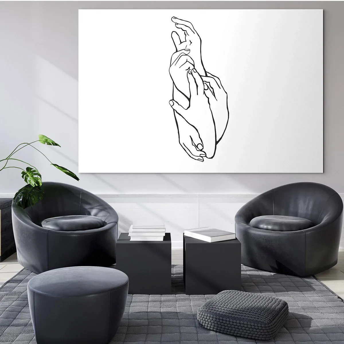 Quadro em vidro - Um desenho linear sutil de mãos entrelaçadas em um fundo branco. - 70x50cm - Bom toque - Decoração de parede moderna para a sala de estar e quarto ARTTOR