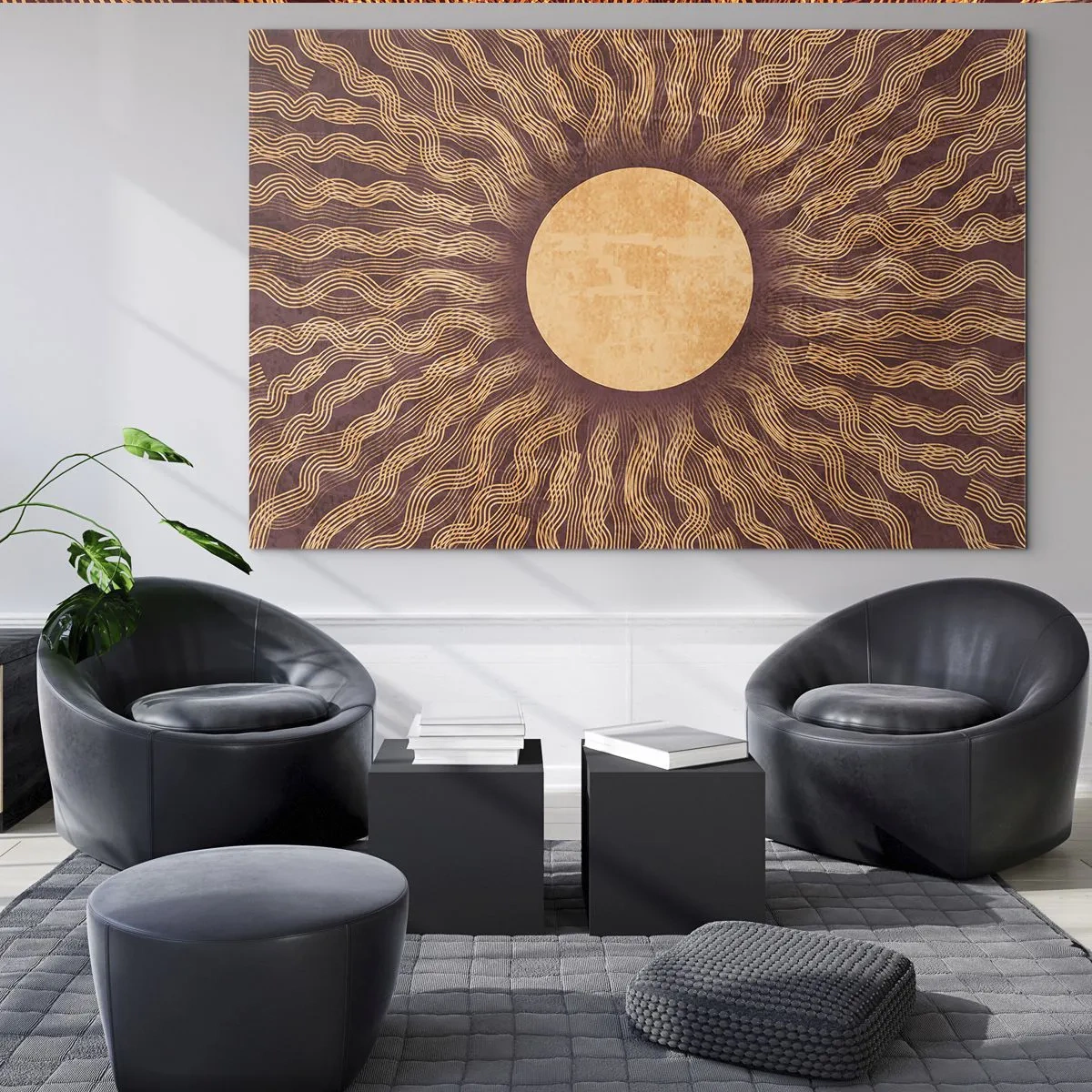 Quadro em vidro - Um sol estilizado com raios em forma de linhas onduladas sobre um fundo marrom. - 70x50cm - Ícone do sol - Decoração de parede moderna para a sala de estar e quarto ARTTOR