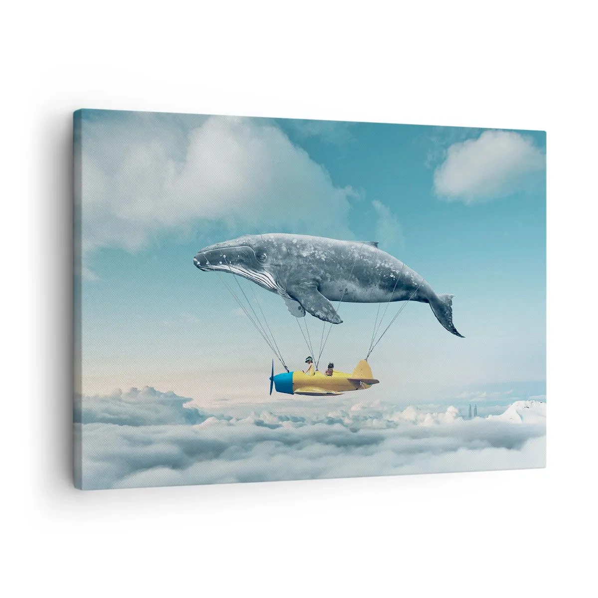 Quadro em tela - Uma baleia voadora transporta um avião em um cenário surreal. - 70x50cm - Por que não? - Decoração de parede moderna para a sala de estar e quarto ARTTOR
