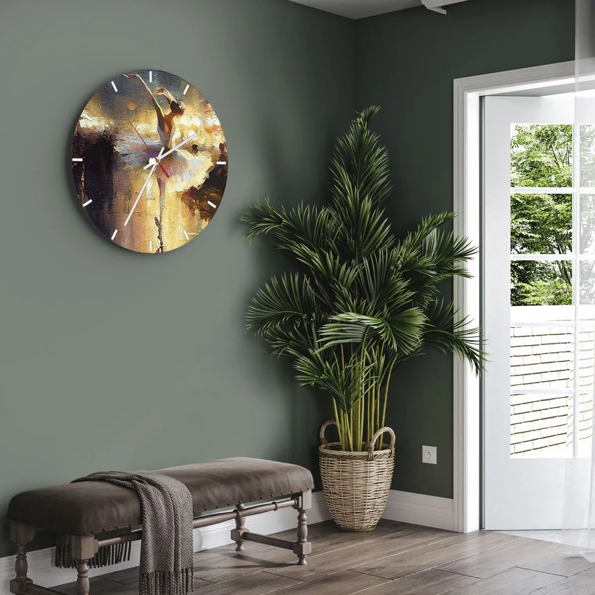 Relógio de parede - Relógio em vidro - Uma dançarina de vestido branco capturada em movimento dinâmico - 30x30cm - Milagre na rua - Decoração de parede moderna para a sala de estar, cozinha e quarto ARTTOR
