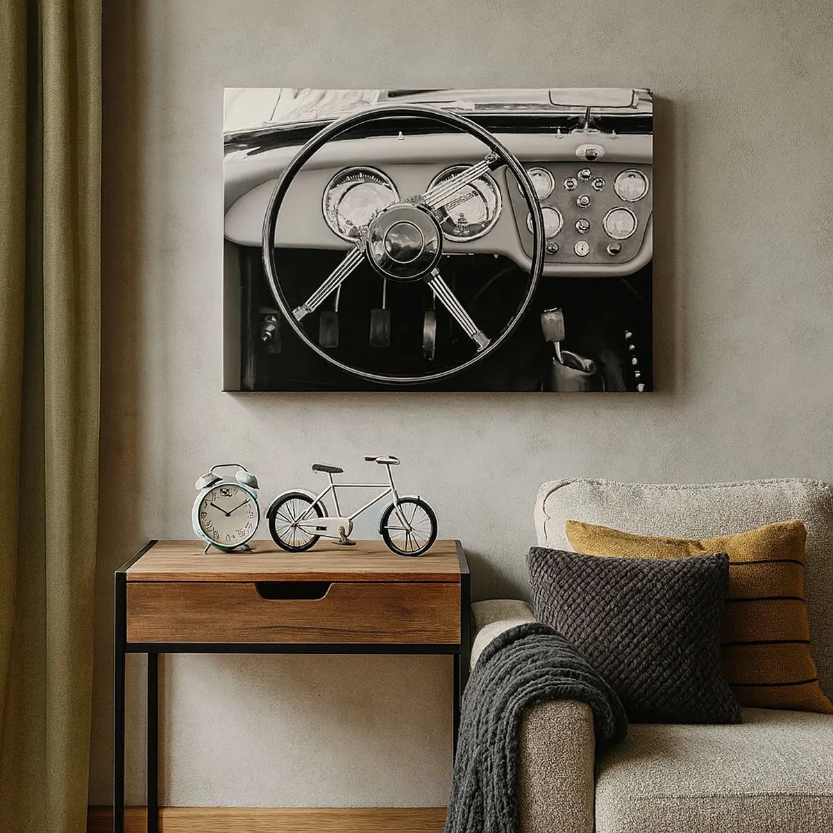 Quadro em tela - Interior de carro clássico em preto e branco - 70x50cm - Um sonho de colecionador - Decoração de parede moderna para a sala de estar e quarto ARTTOR