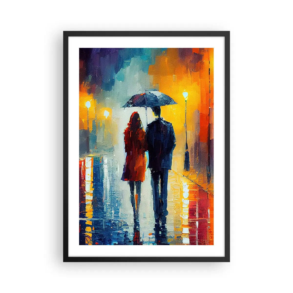 Pôster com moldura preta - Um casal com um guarda-chuva na chuva, caminhando por uma rua da cidade. - 50x70cm - Juntos – uma noite colorida - Decoração de parede moderna para a sala de estar e quarto ARTTOR