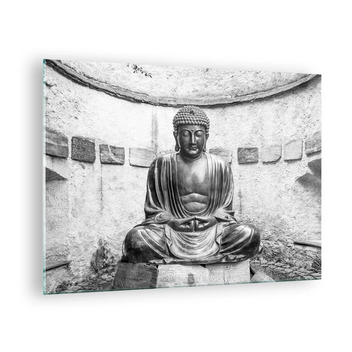 Quadro em vidro - Estátua de Buda em preto e branco em pose meditativa - 70x50cm - Na fonte da paz - Decoração de parede moderna para a sala de estar e quarto ARTTOR