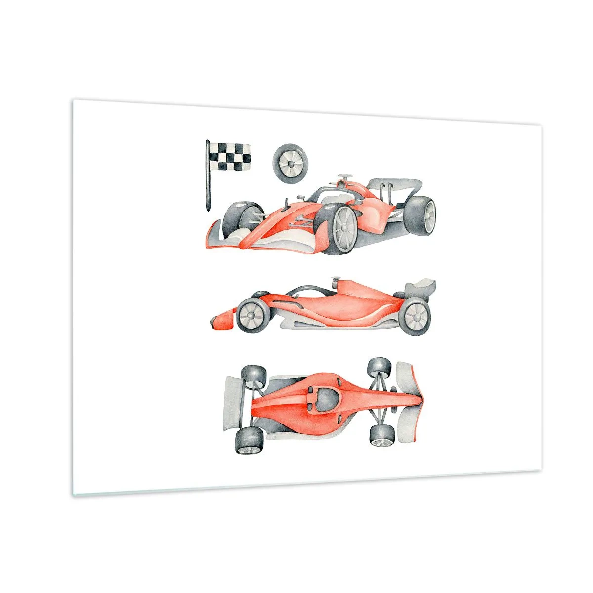 Quadro em vidro - Ilustração de três cenas de um carro de corrida vermelho com uma bandeira de corrida - 70x50cm - Persiga seu sonho - Decoração de parede moderna para a sala de estar e quarto ARTTOR