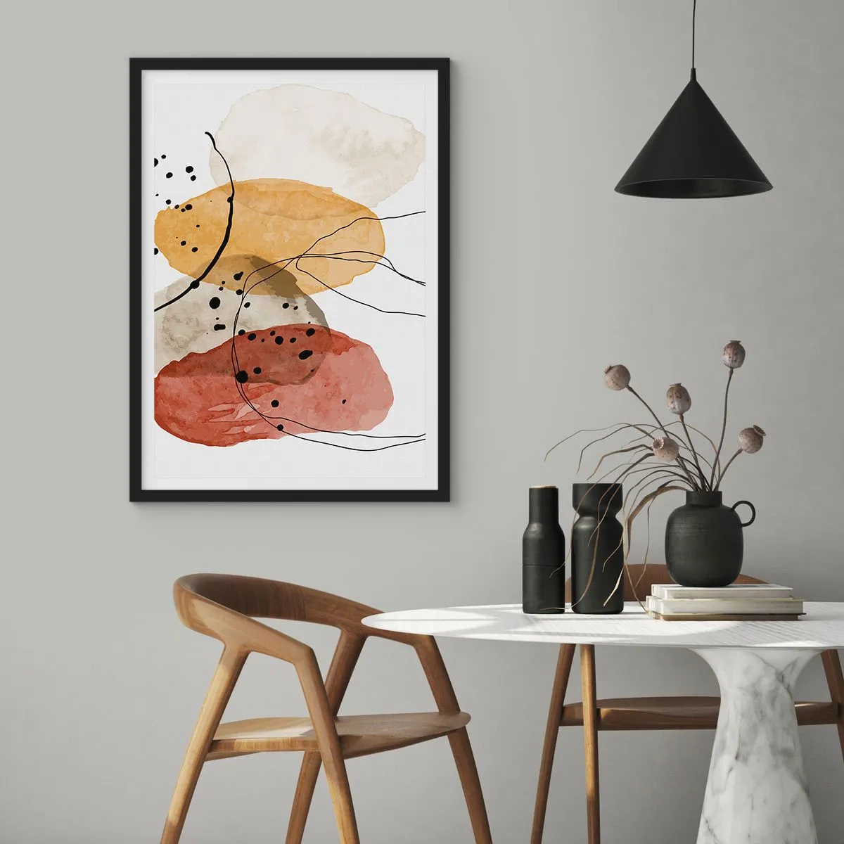 Pôster com moldura preta - Formas abstratas em tons de bege, amarelo e vermelho - 50x70cm - Como o ar leve e transparente - Decoração de parede moderna para a sala de estar e quarto ARTTOR