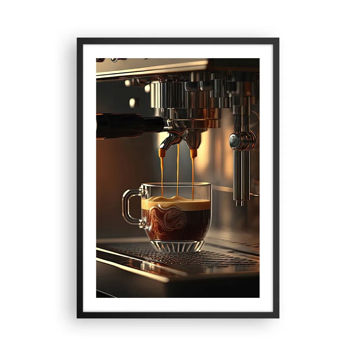 Pôster com moldura preta - Uma máquina de café despejando expresso em uma xícara - 50x70cm - Uma mistura sensual - Decoração de parede moderna para a sala de estar e quarto ARTTOR