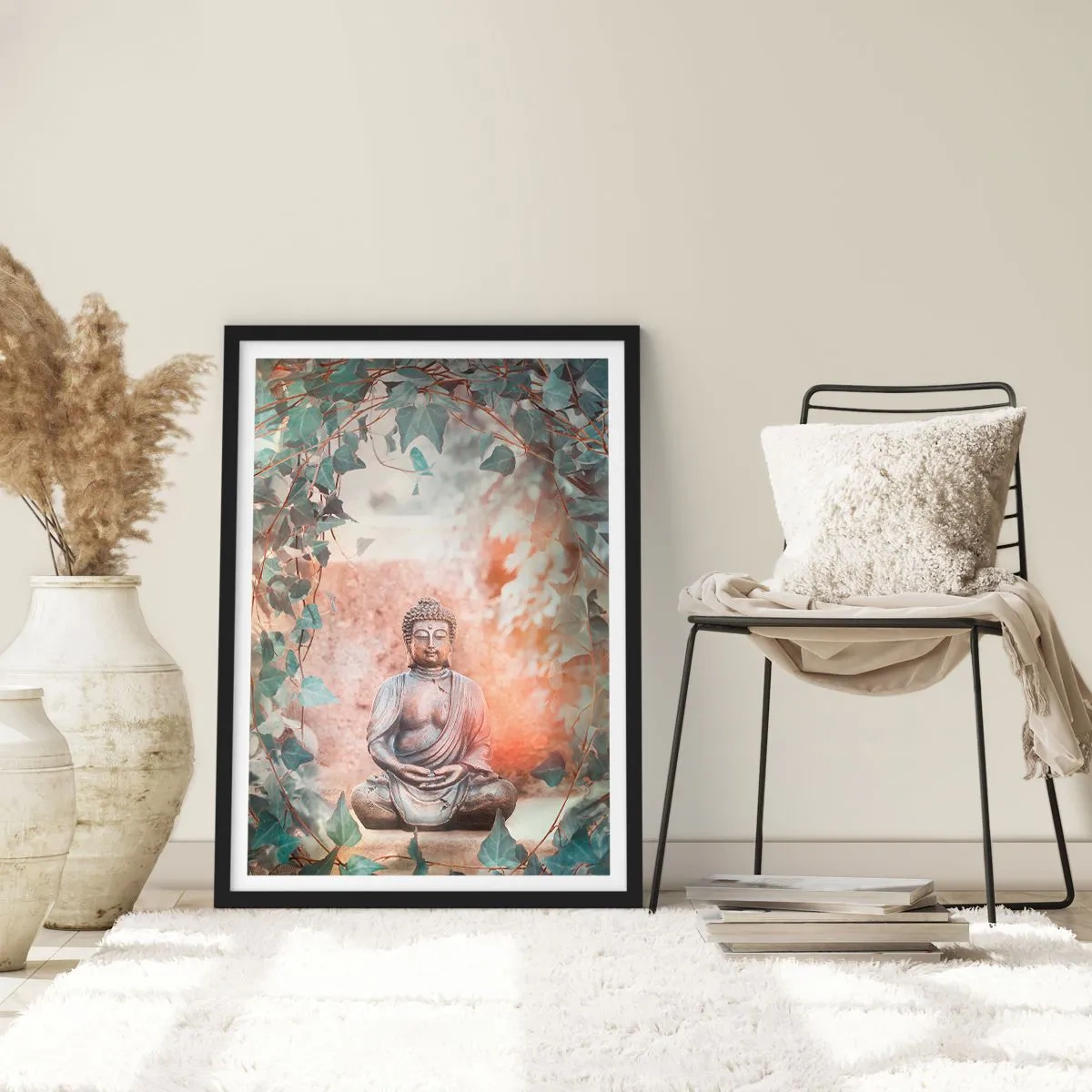 Pôster com moldura preta - Uma estátua de Buda cercada por hera em uma aura meditativa - 50x70cm - Harmonia alegre - Decoração de parede moderna para a sala de estar e quarto ARTTOR