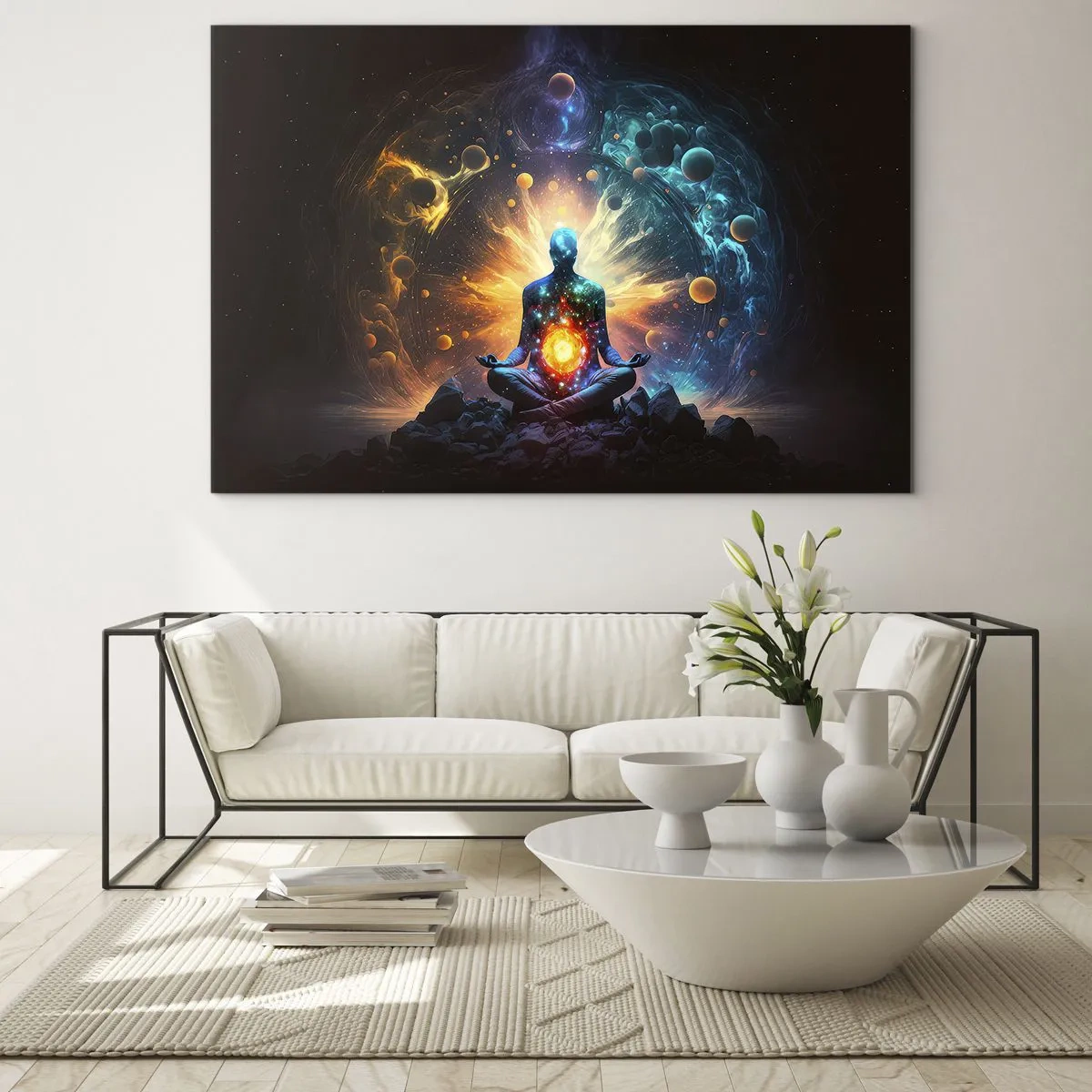 Quadro em vidro - Uma silhueta meditando em uma explosão cósmica de cores - 70x50cm - Paz cósmica - Decoração de parede moderna para a sala de estar e quarto ARTTOR