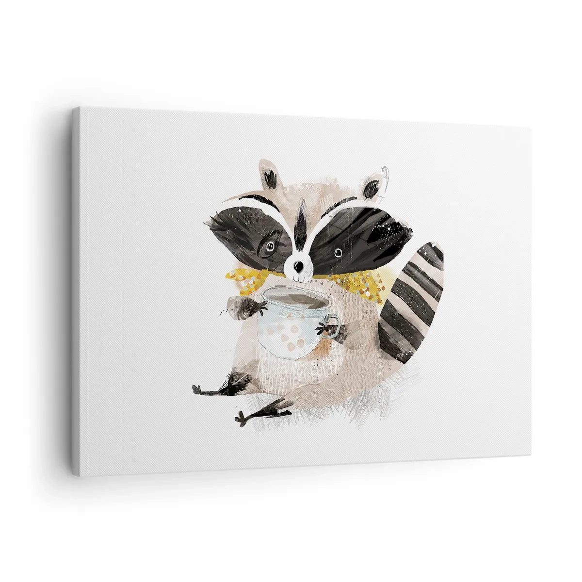 Quadro em tela - Guaxinim adorável segurando uma caneca de cor pastel - 70x50cm - O meu amigo guaxinim - Decoração de parede moderna para a sala de estar e quarto ARTTOR