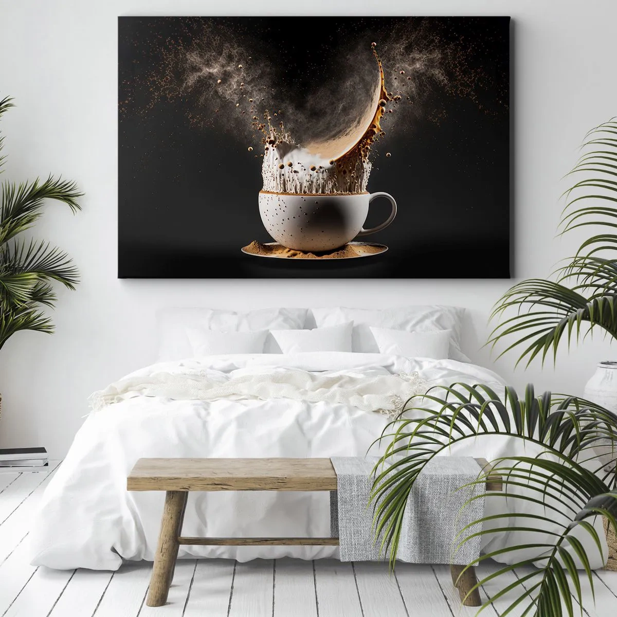 Quadro em tela - Uma xícara de café com uma explosão dinâmica de líquido em um fundo preto. - 70x50cm - Uma explosão de sabor - Decoração de parede moderna para a sala de estar e quarto ARTTOR