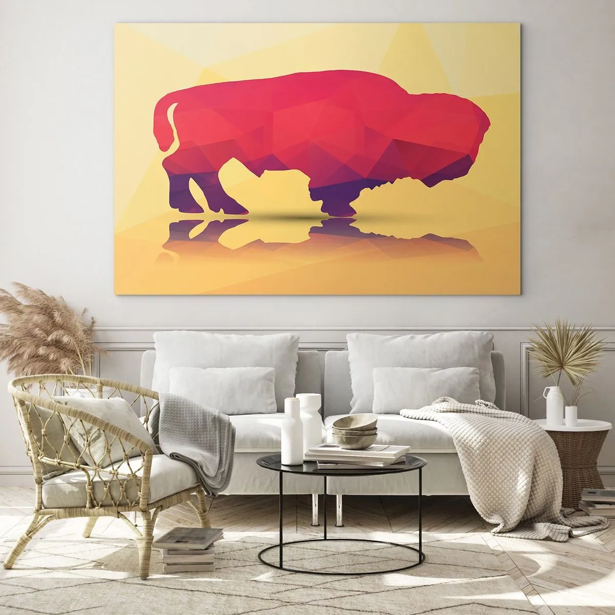 Quadro em vidro - Bisão geométrico em cores quentes - 70x50cm - A força amaranto do bisonte - Decoração de parede moderna para a sala de estar e quarto ARTTOR
