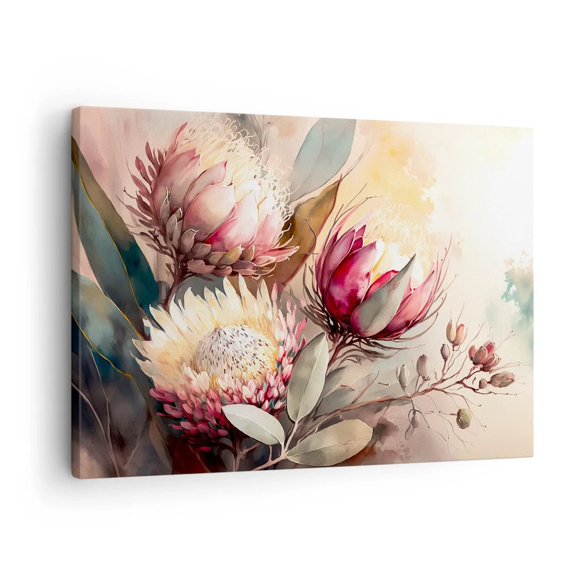 Quadro em tela - Flores de protea em delicados tons pastéis - 70x50cm - De perfil e de frente - Decoração de parede moderna para a sala de estar e quarto ARTTOR