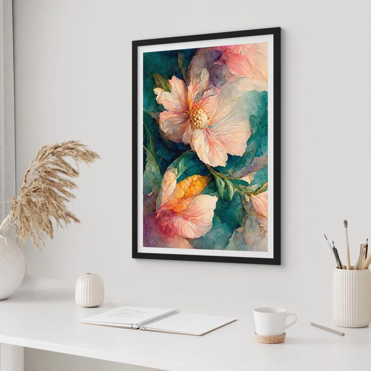 Pôster com moldura preta - Flores delicadas em estilo aquarela - 50x70cm - Apenas sutileza - Decoração de parede moderna para a sala de estar e quarto ARTTOR