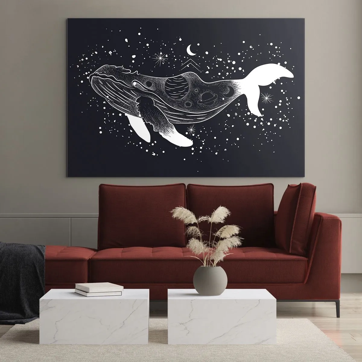 Quadro em vidro - Silhueta branca gráfica de uma baleia flutuando no espaço - 70x50cm - No oceano do universo - Decoração de parede moderna para a sala de estar e quarto ARTTOR